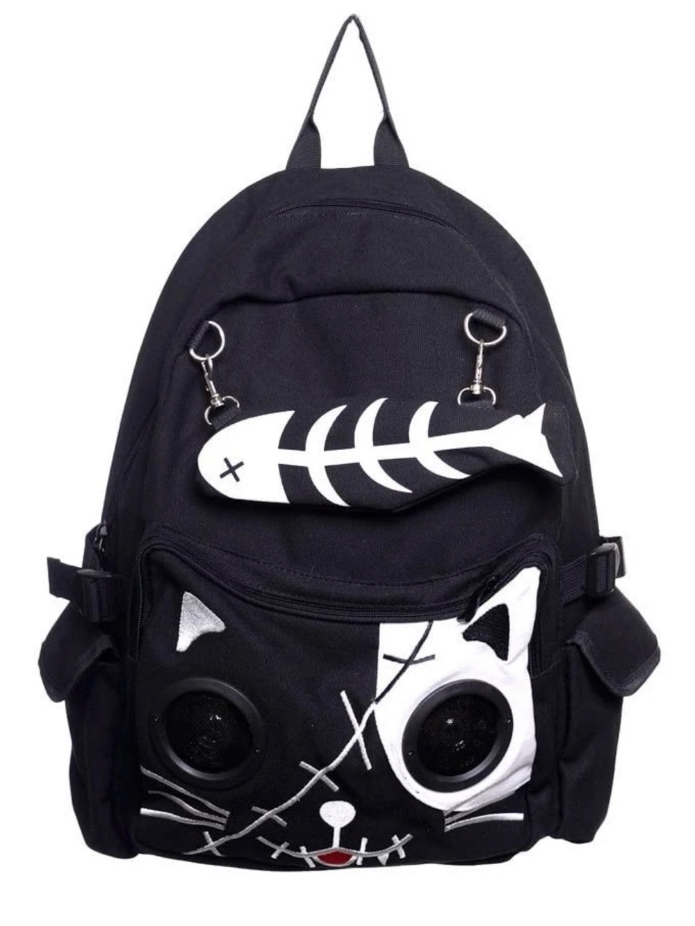 Kitty Speaker Backpack Black Cat Face School Book Bag Fish Bone Purse